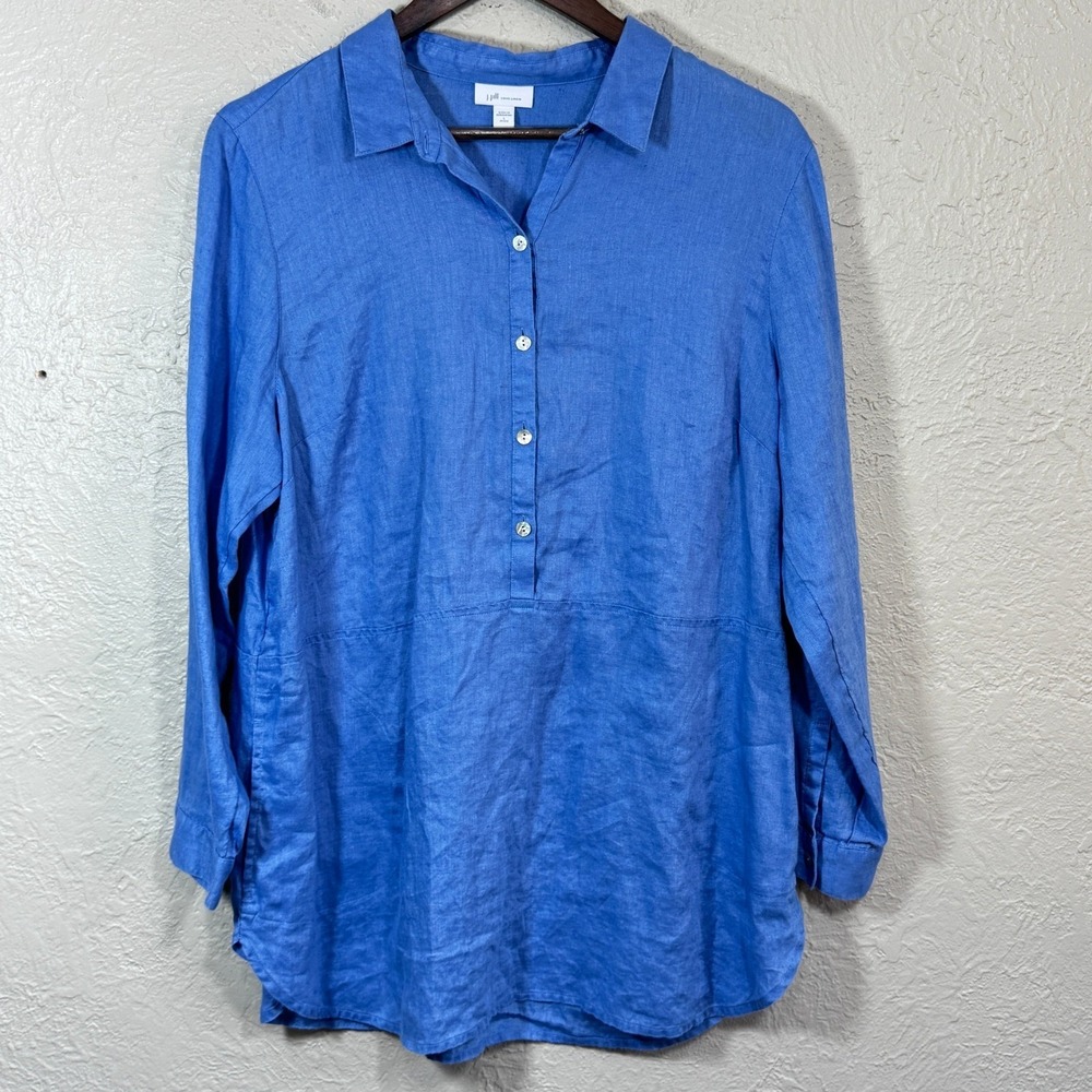 J Jill Love Linen Tunic Top LP Popover 1/2 Button Coastal Resortwear Lagenlook